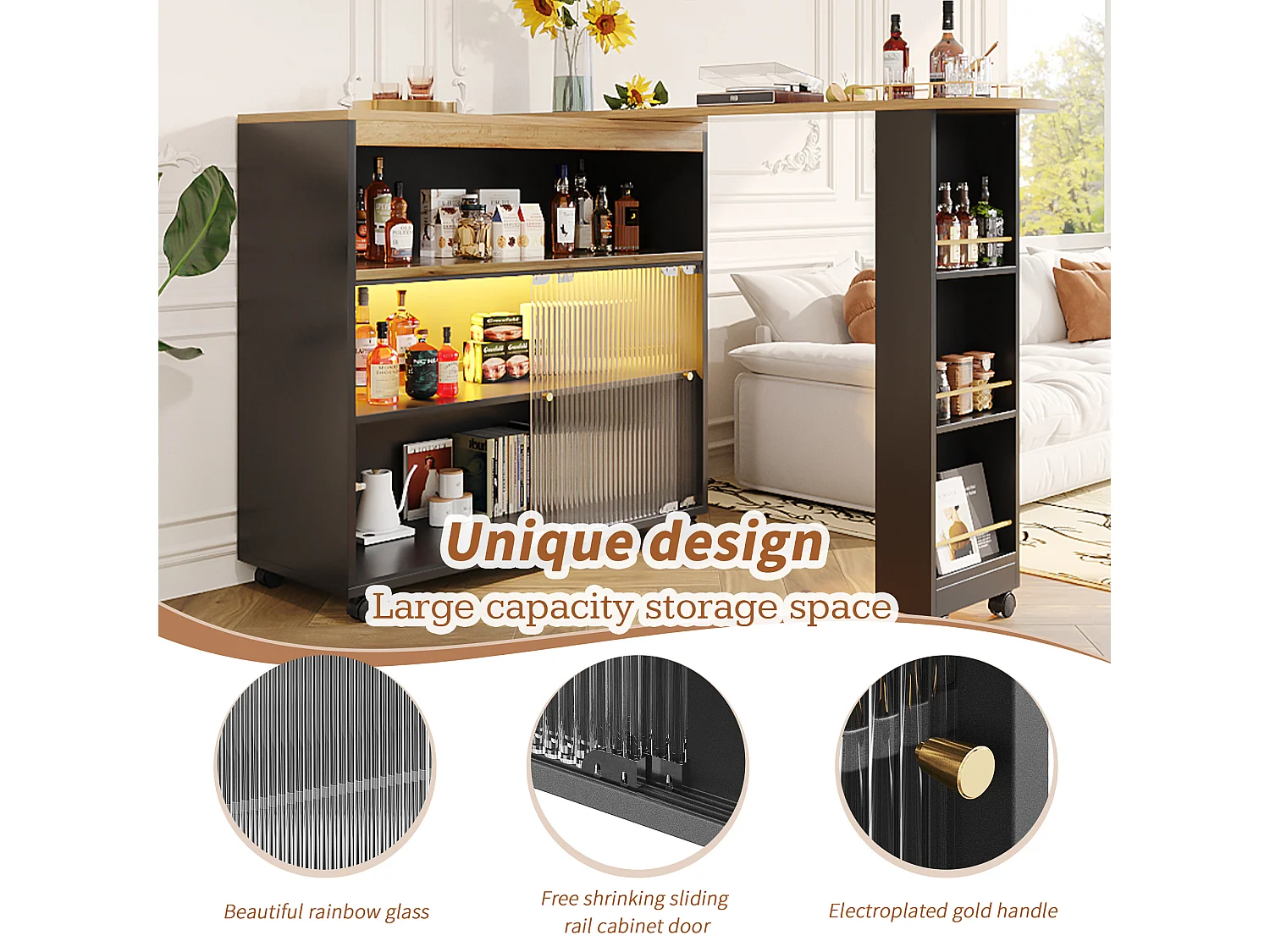 Mesa de bar extensível MDF LED 138-204 cm armazenamento cozinha sala de estar preto