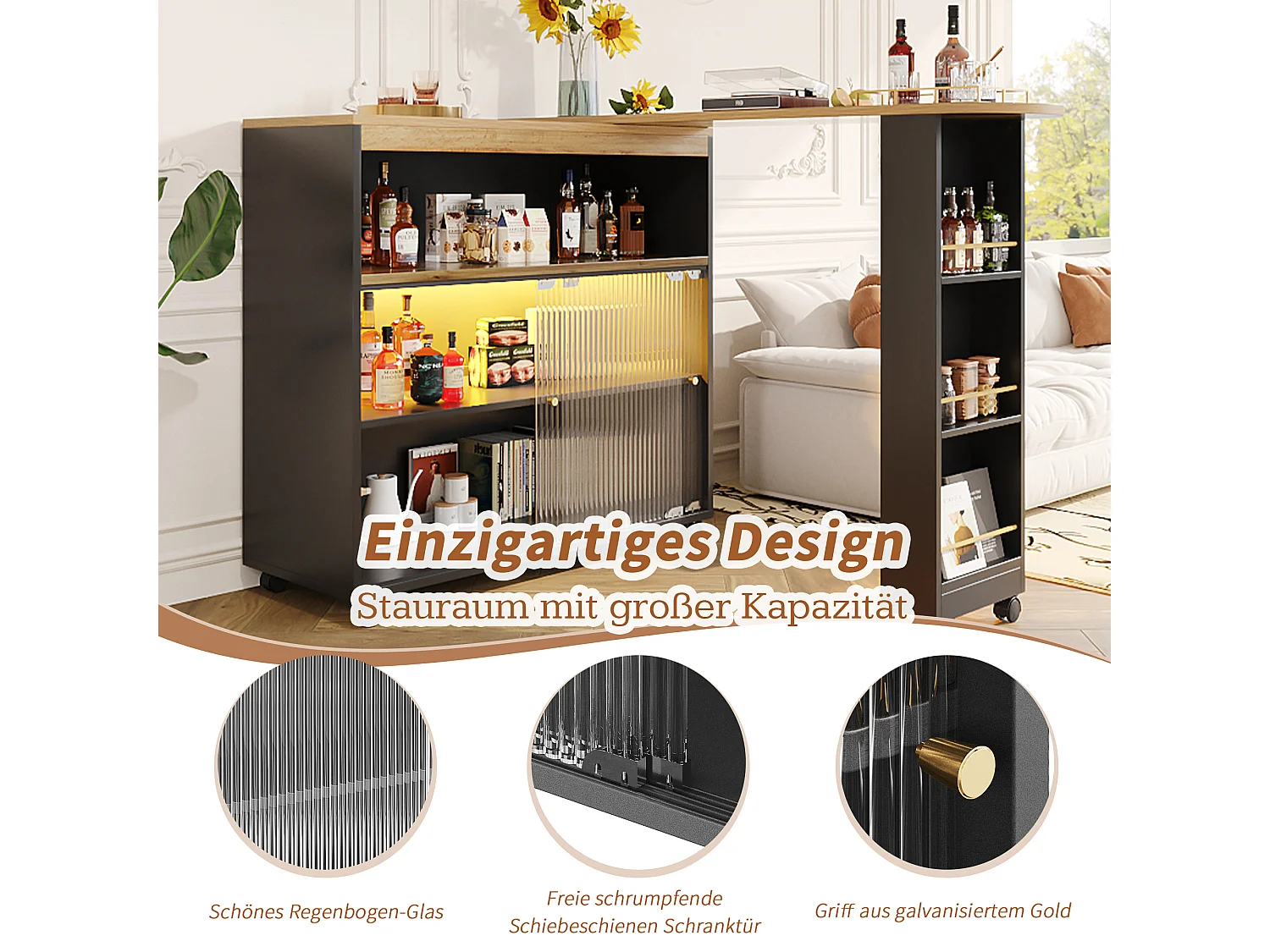 Mesa de bar extensível MDF LED 138-204 cm armazenamento cozinha sala de estar preto