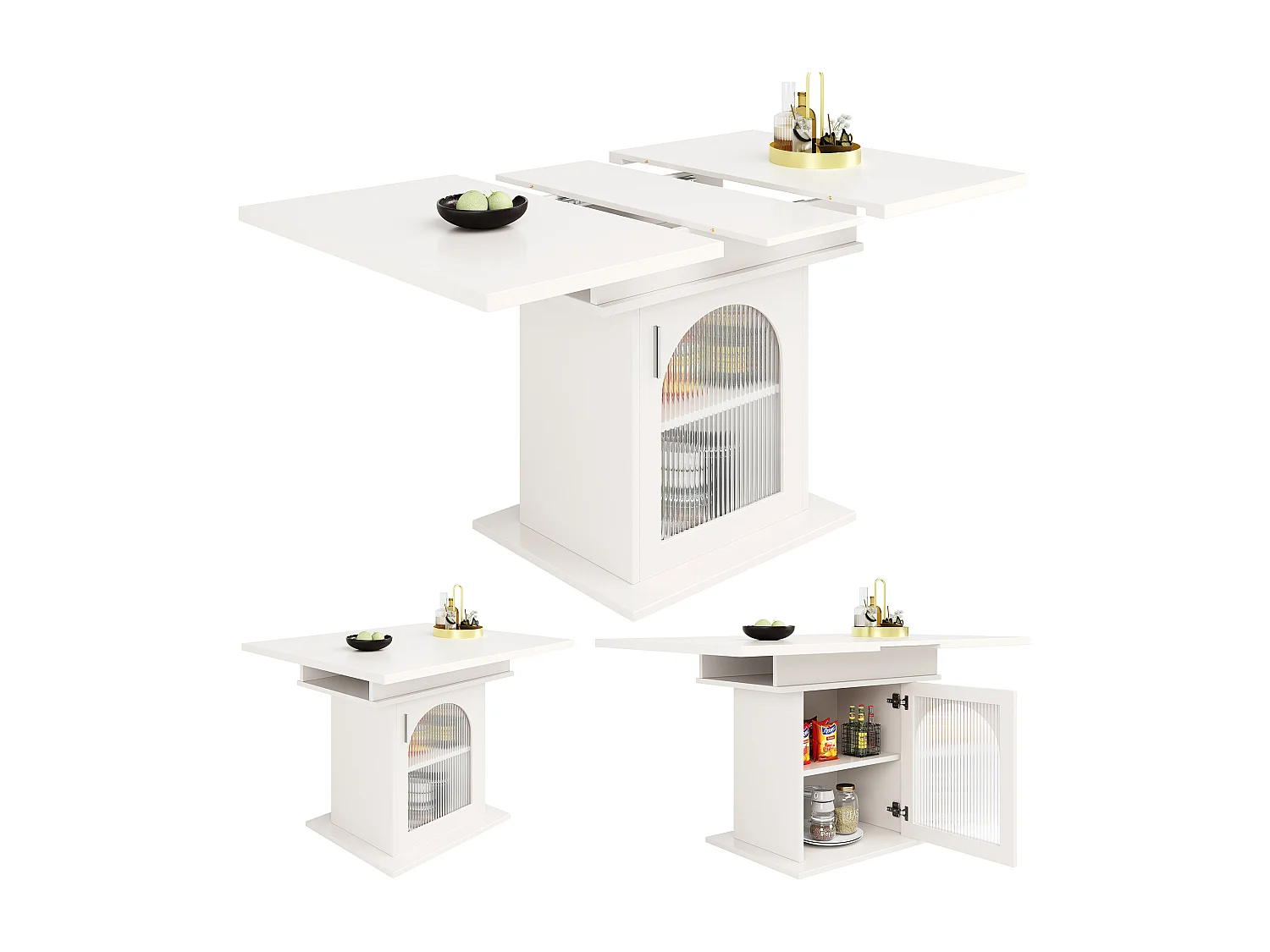 Mesa extensible de MDF con 3 estantes para cocina y salón 110-140×80cm blanca