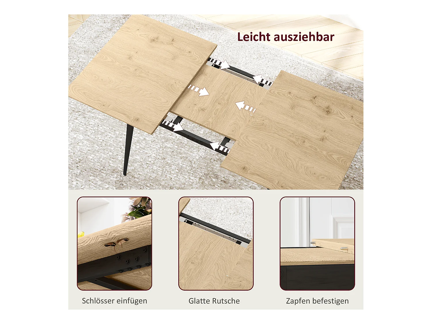 Mesa de Comedor Extensible Madera y Metal 120-160x75 cm 6-8 Personas Salón Cocina Natural