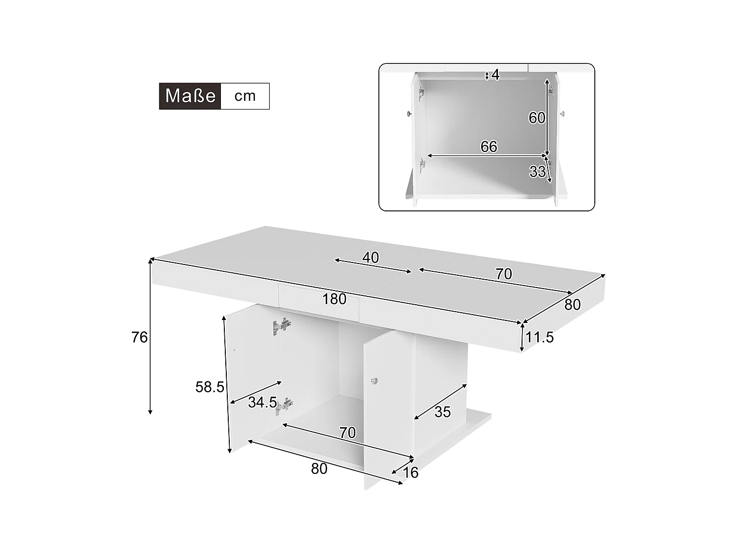 Mesa extensible automática de MDF blanco L140-180 x W80 x H76 cm almacenamiento multifuncional