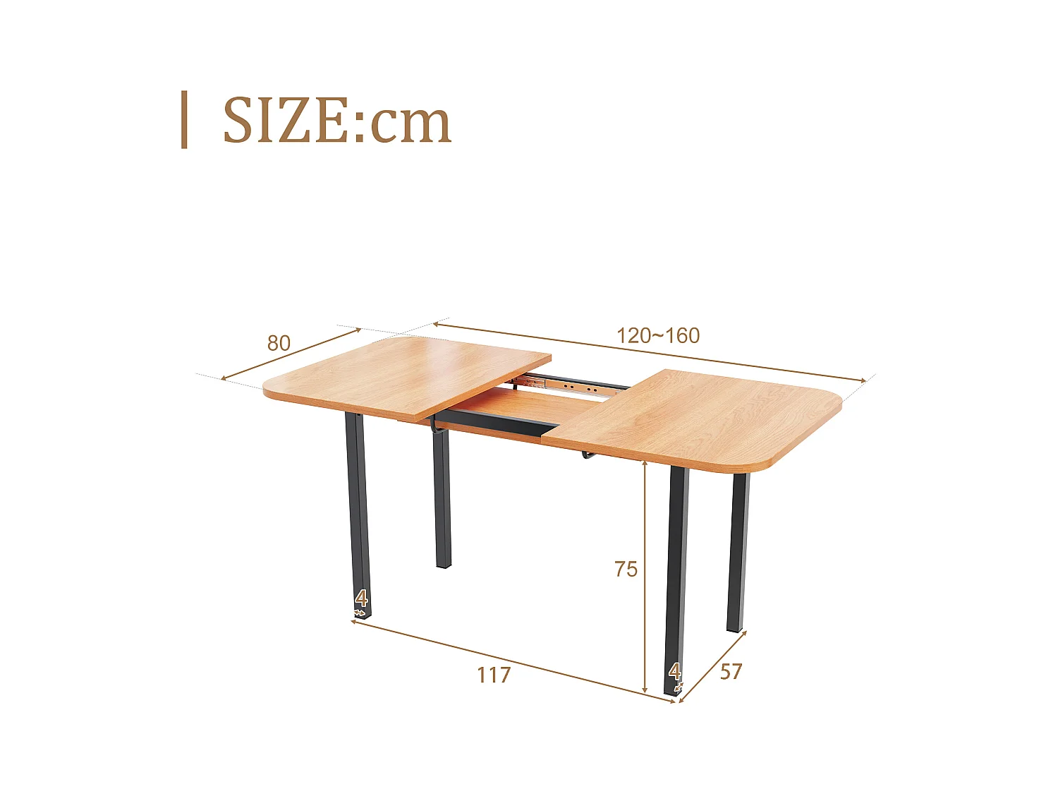 Mesa de comedor extensible de metal MDF para 4-6 personas en madera natural 120/160x80cm