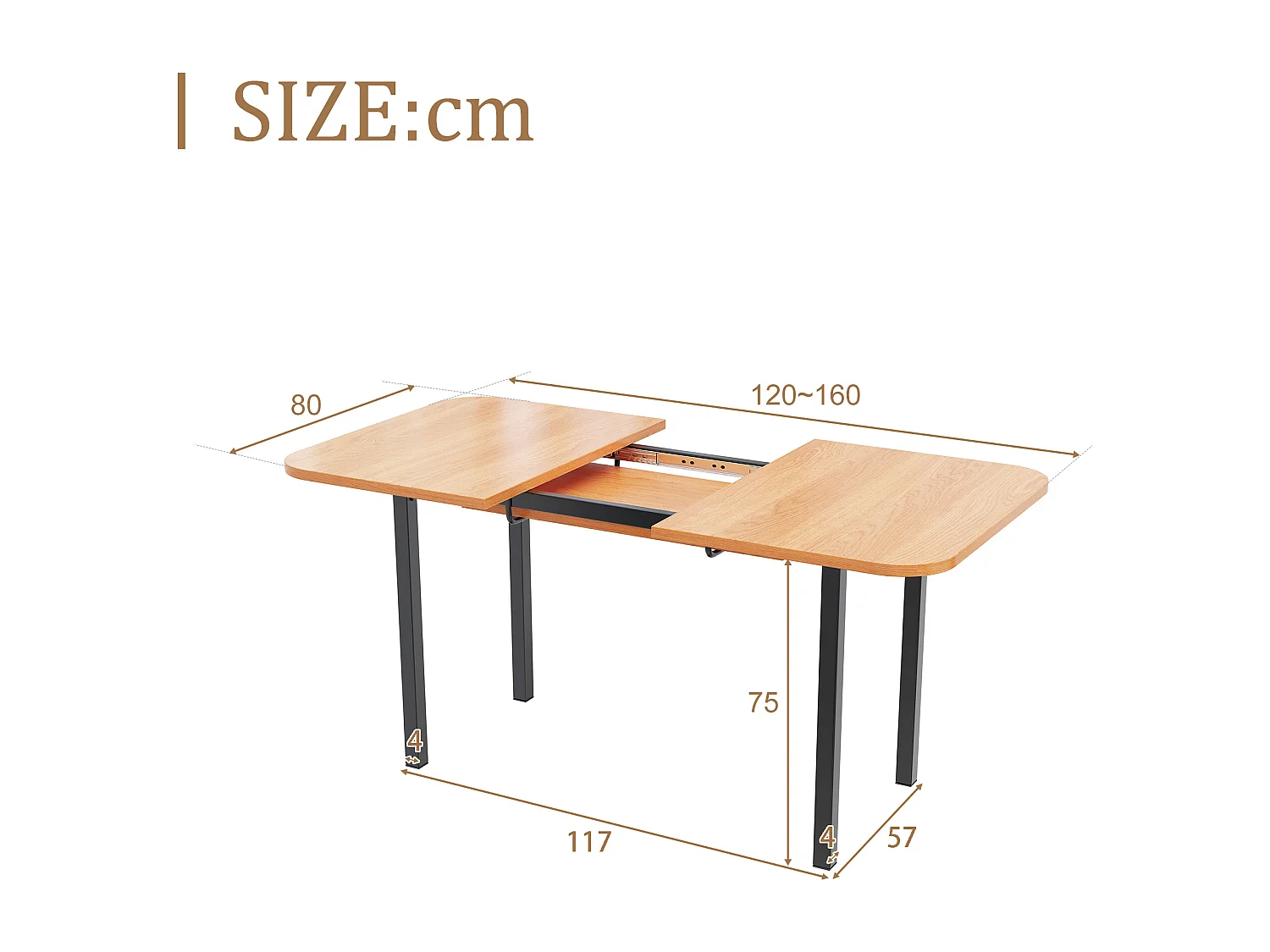 Mesa de jantar extensível MDF metal 4-6 pessoas madeira natural 120/160x80cm