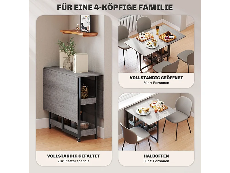 Mesa de jantar dobrável em MDF para 2 a 4 pessoas com prateleiras cozinha sala de jantar cinza 133x80x75 cm