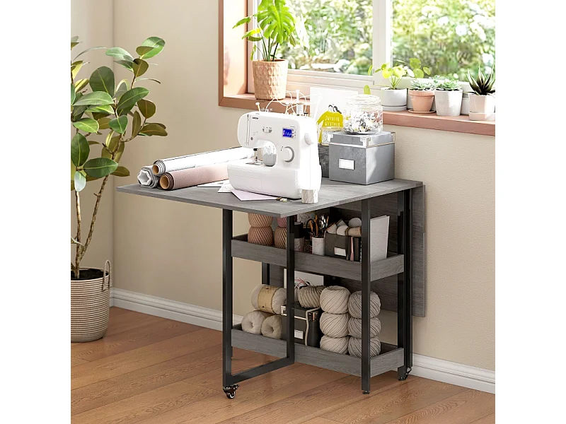 Mesa de jantar dobrável em MDF para 2 a 4 pessoas com prateleiras cozinha sala de jantar cinza 133x80x75 cm