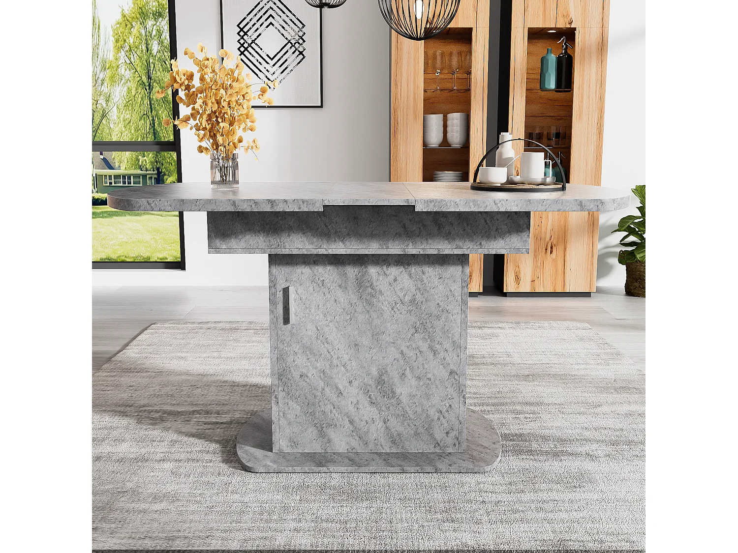 Mesa extensible ovalada de metal MDF L110-130 x W70 x H75 cm, almacenamiento en hormigón plateado