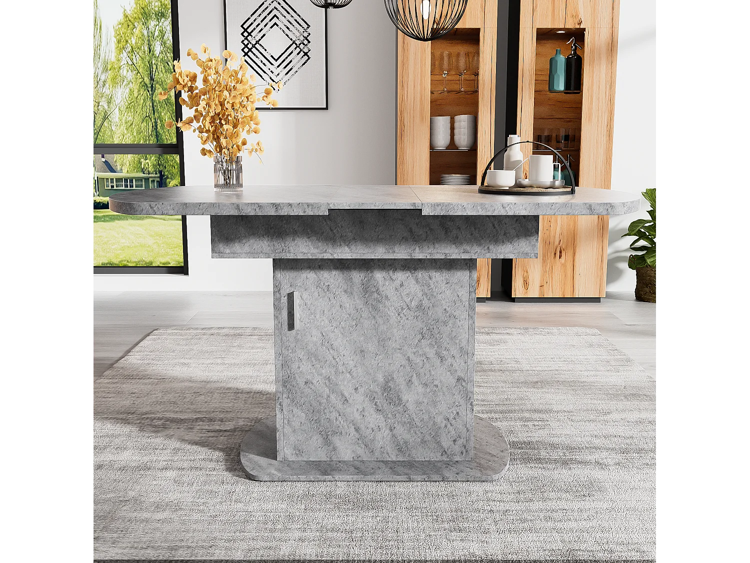 Mesa extensível oval metálica MDF C110-130 x L70 x A75 cm concreto prata armazenamento