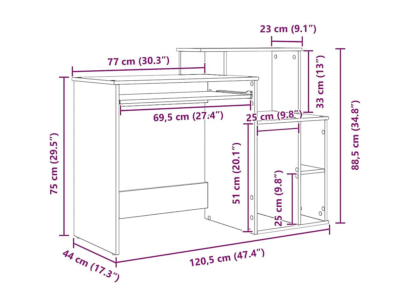 Schreibtisch Sonoma-Eiche 120,5 x 44 x 88,5 cm Holzwerkstoff