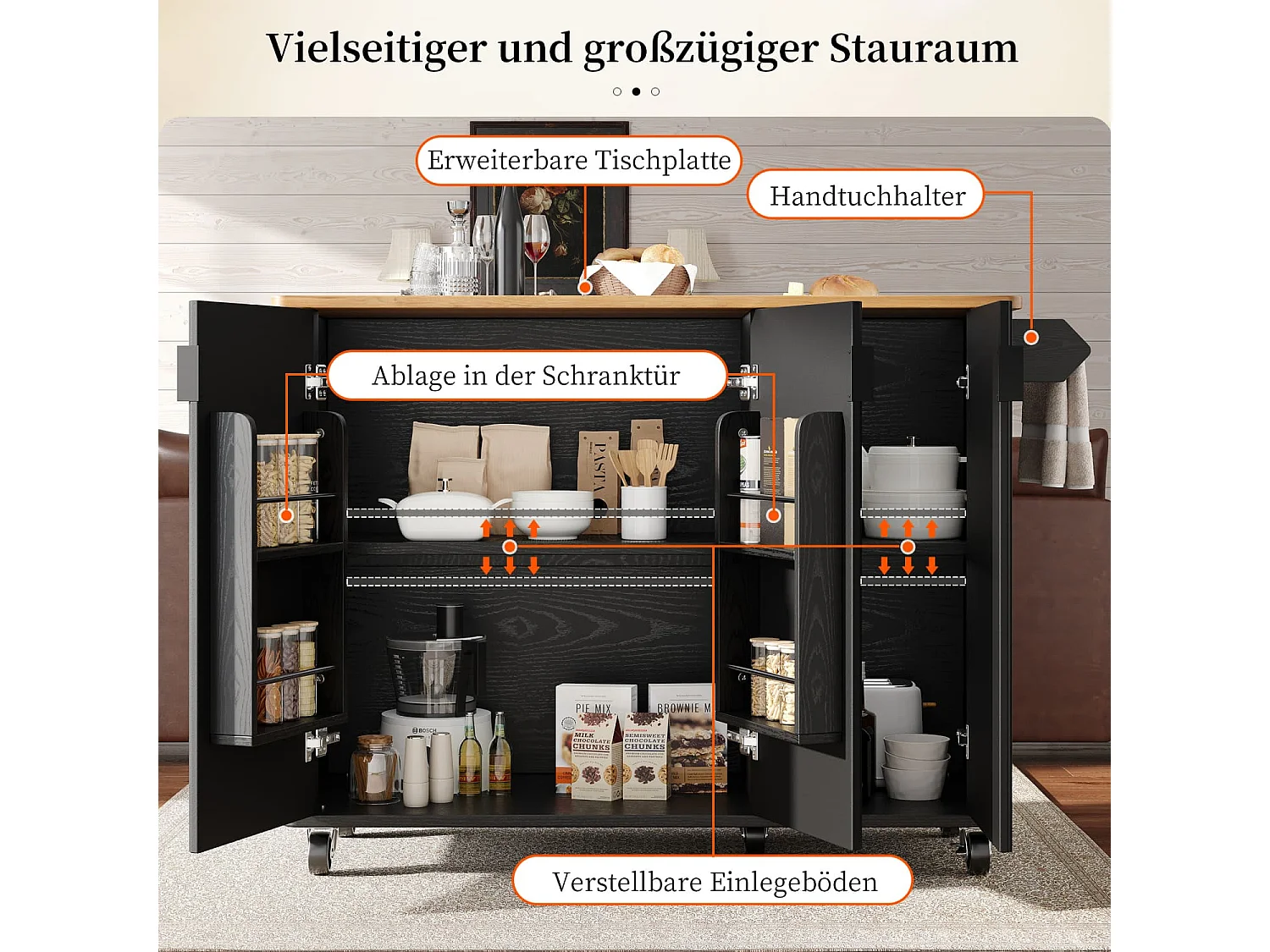 Kücheninsel,Speisewagen mit Holzmaserung,Buffet,Ausziehbarer Küchenwagen auf Rädern mit Handtuchhalter,Gewürzregal,Trennwände verstellbar