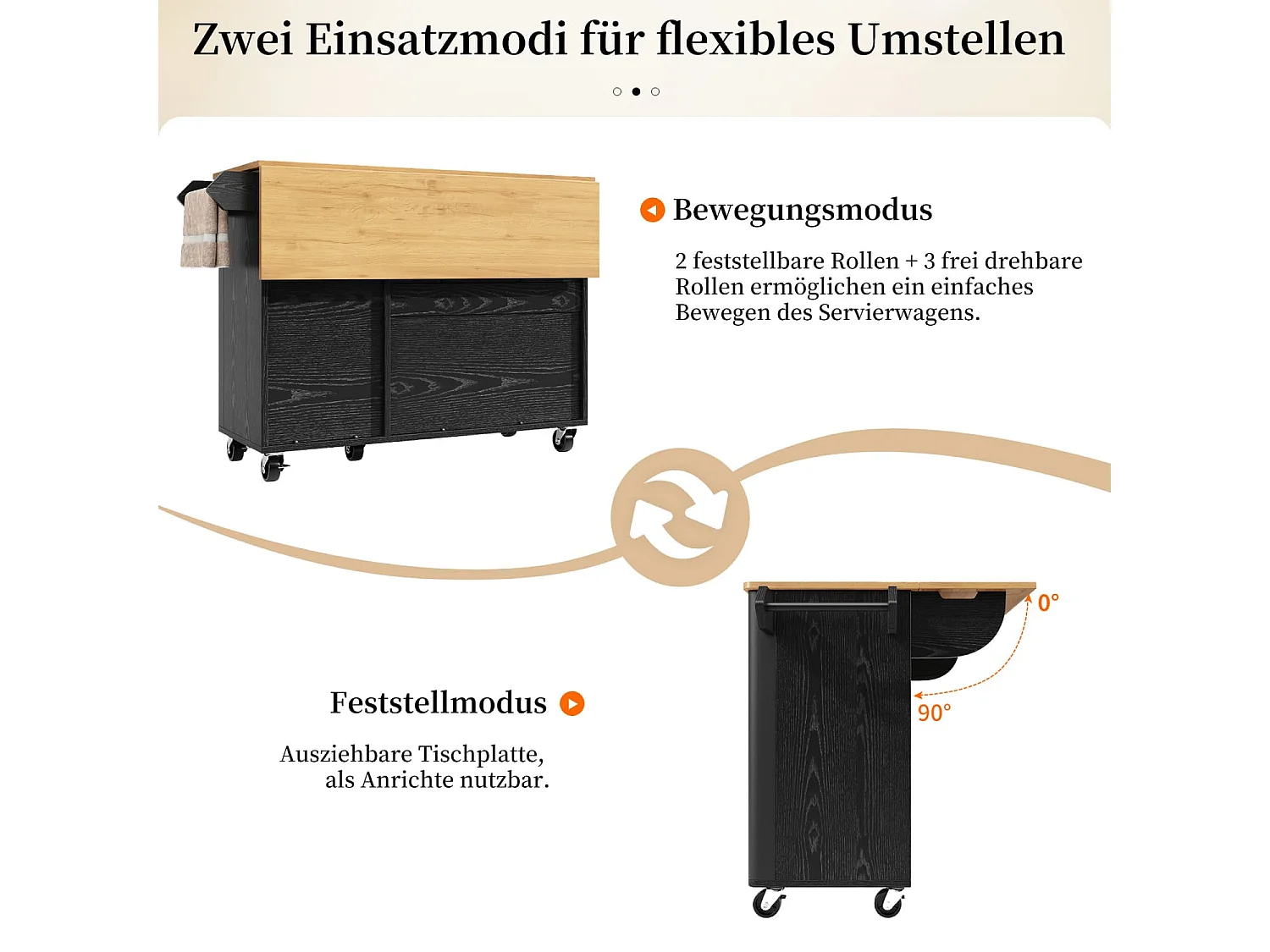 Kücheninsel,Speisewagen mit Holzmaserung,Buffet,Ausziehbarer Küchenwagen auf Rädern mit Handtuchhalter,Gewürzregal,Trennwände verstellbar