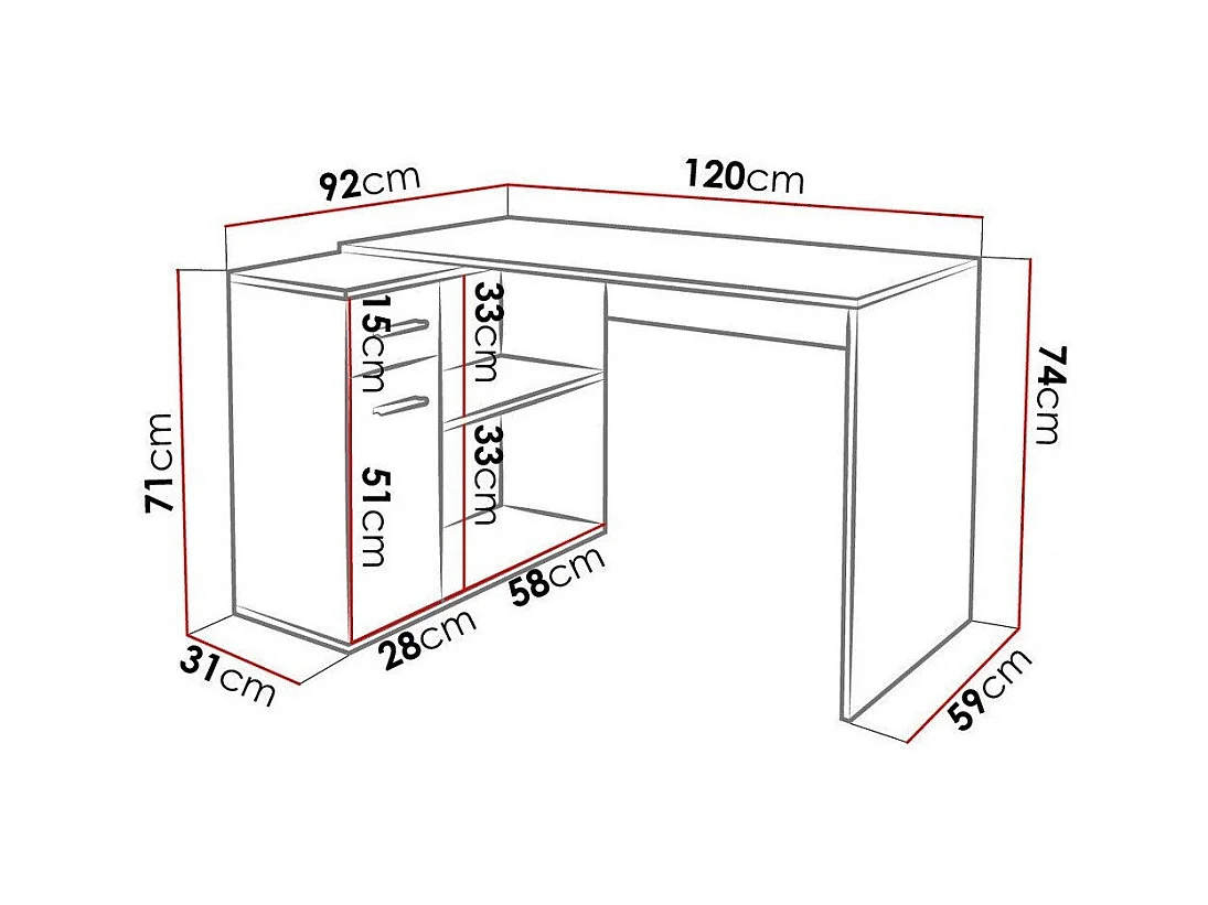 Mesa de ordenador esquinera Bristol 165, Con puertas|Con cajones|Rectangular, 74x120x92cm