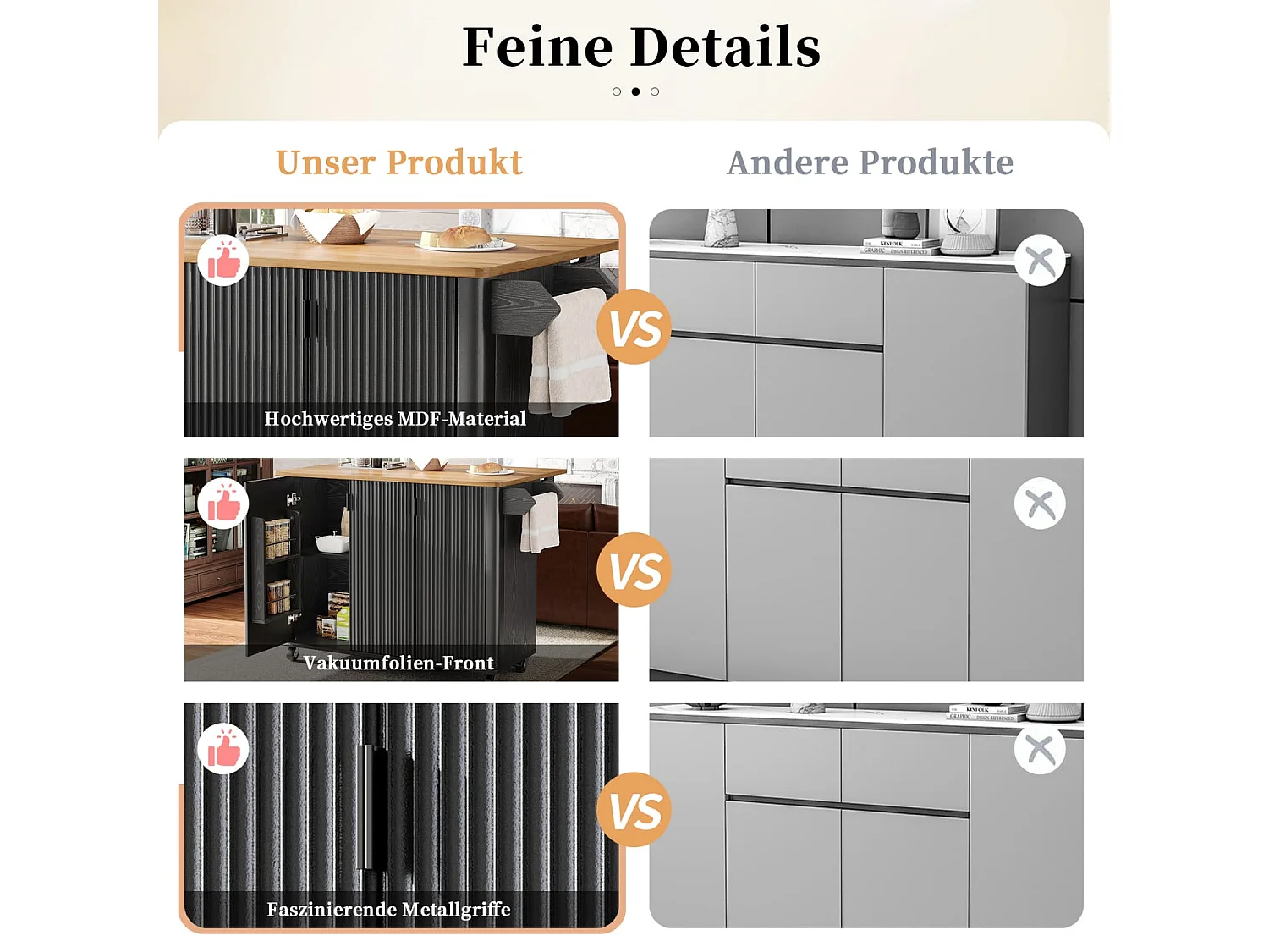 Kücheninsel,Speisewagen mit Holzmaserung,Buffet,Ausziehbarer Küchenwagen auf Rädern mit Handtuchhalter,Gewürzregal,Trennwände verstellbar