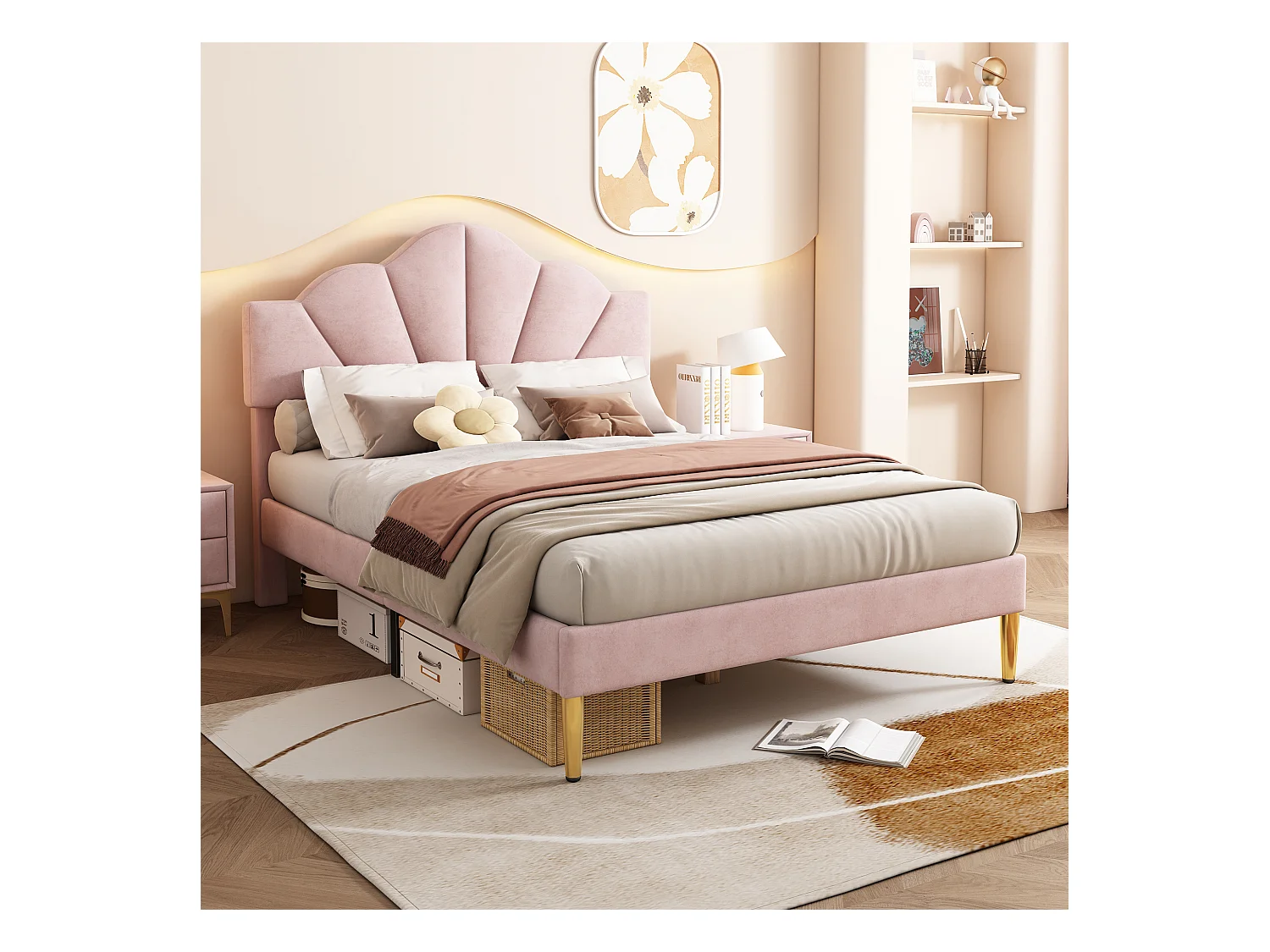 Lit velours 140x190 cm tête coquillage rose con sommier et rangement pratique