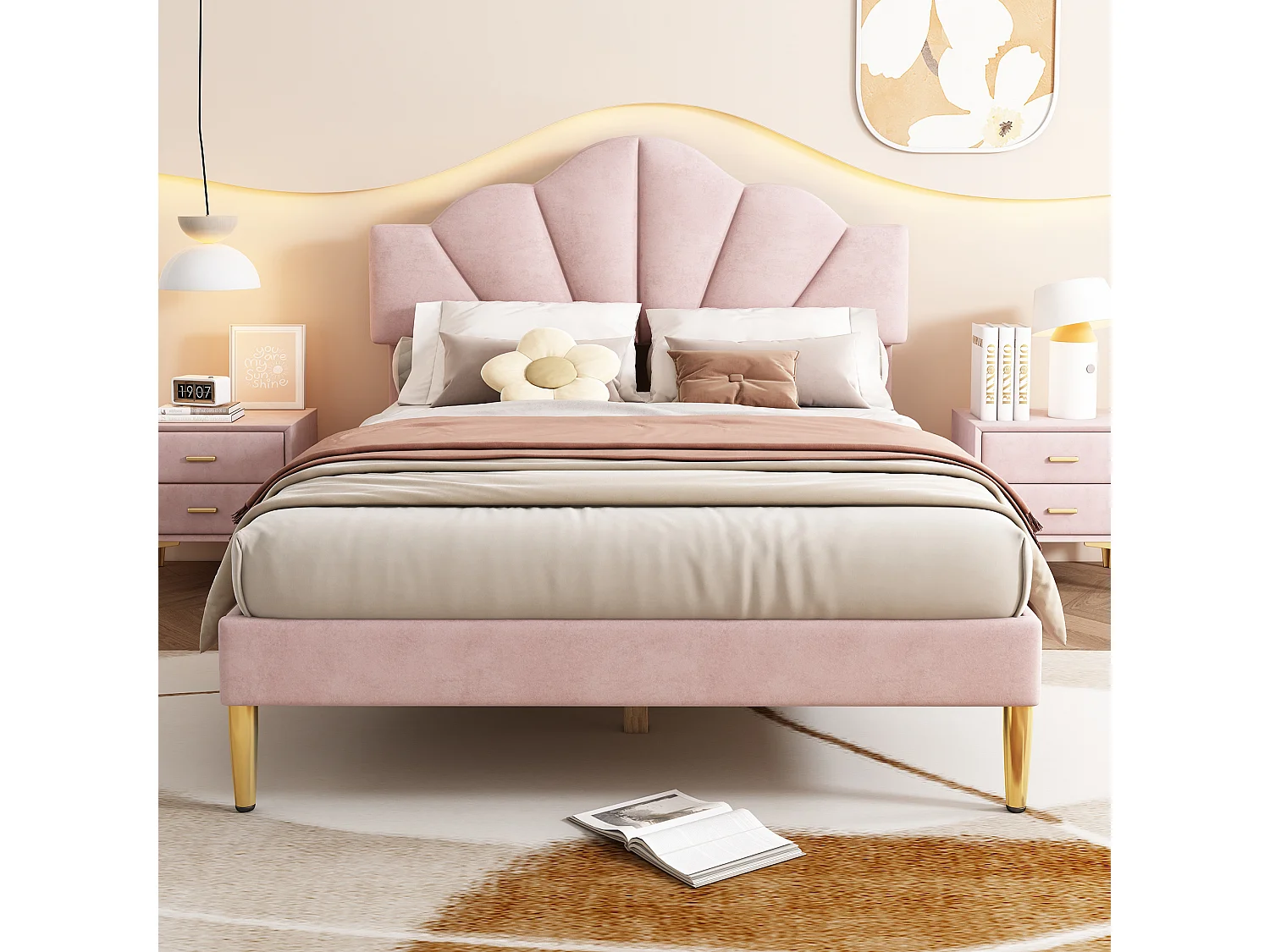 Cama de terciopelo 140x190 cm con cabecero de concha rosa con base y práctico almacenaje