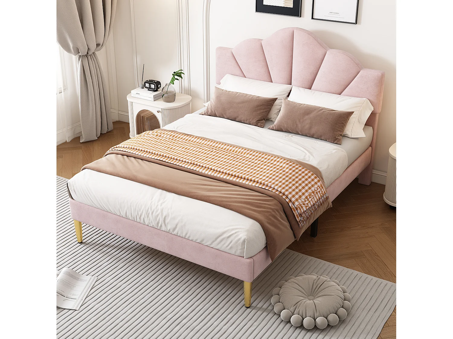 Cama de terciopelo 140x190 cm con cabecero de concha rosa con base y práctico almacenaje