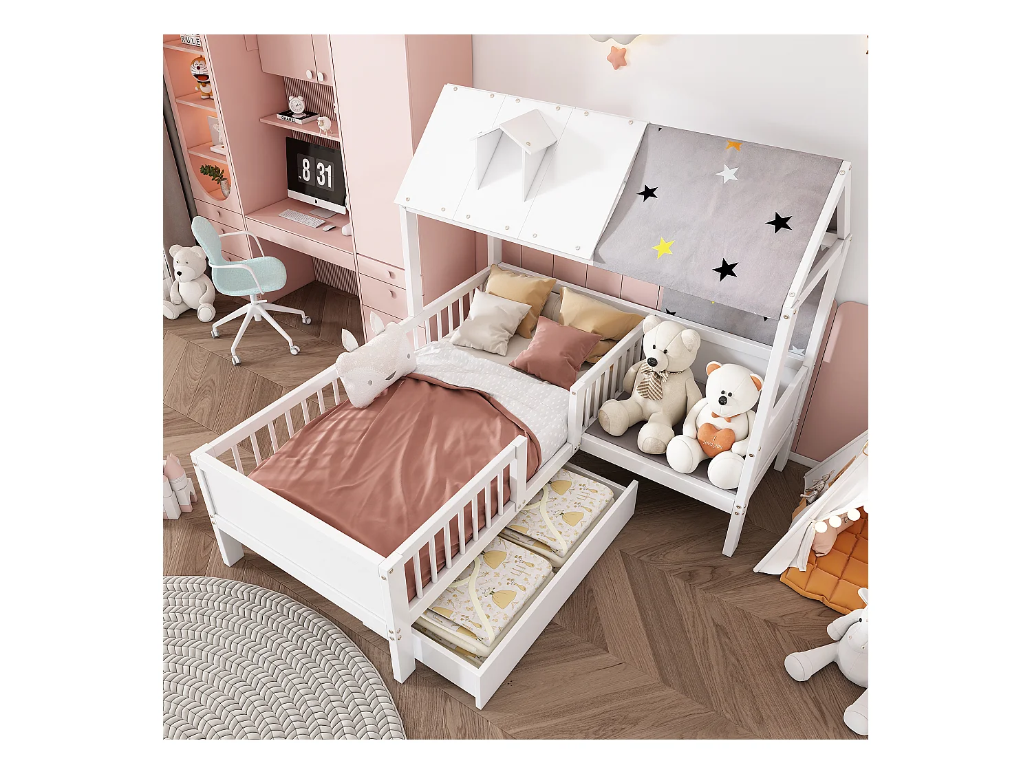 Cama infantil 90x200 cm en madera, forma de casa, con almacenaje y tela, multifuncional blanca