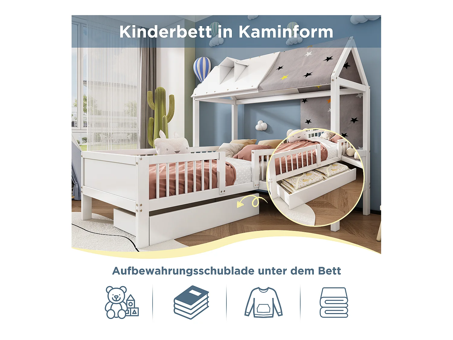 Cama infantil 90x200 cm en madera, forma de casa, con almacenaje y tela, multifuncional blanca