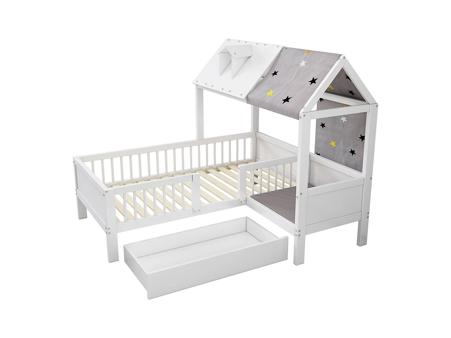 Cama infantil 90x200 cm en madera, forma de casa, con almacenaje y tela, multifuncional blanca