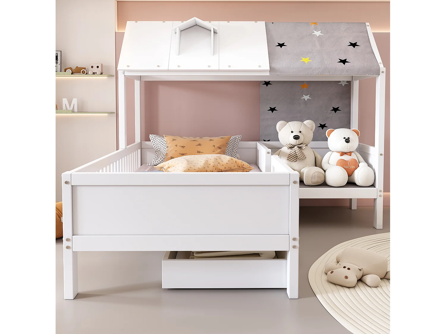 Cama infantil 90x200 cm em madeira, formato de casa, com arrumação e tecido, multifuncional branca