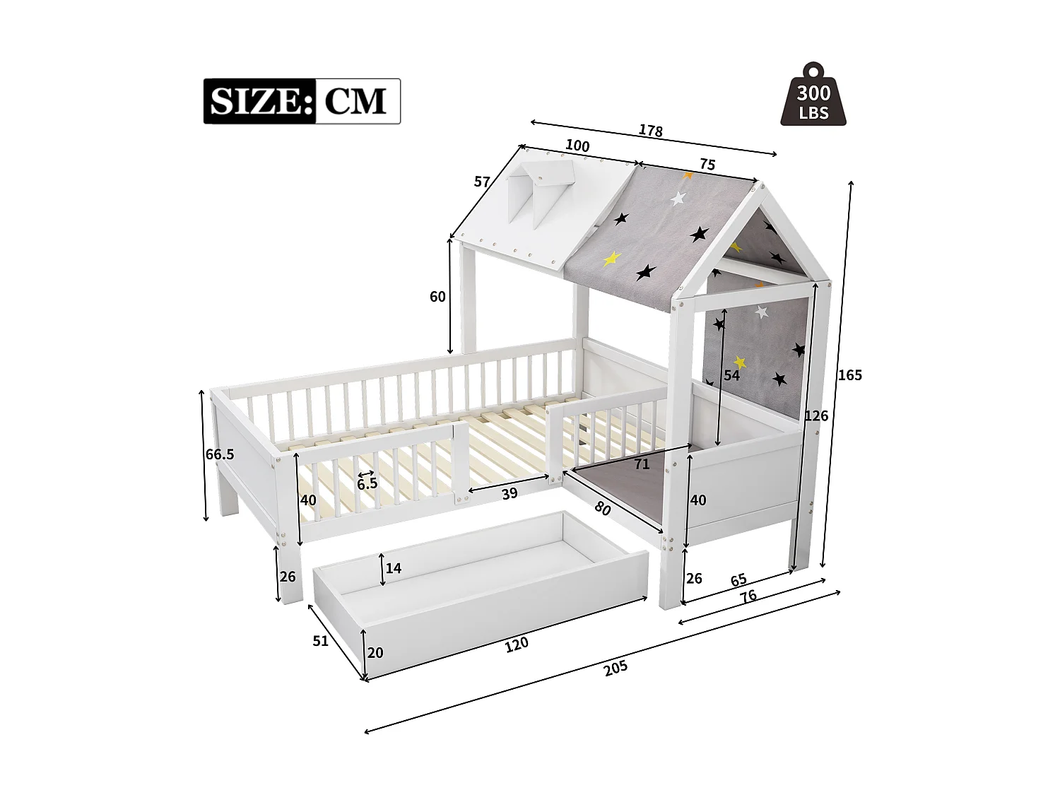 Cama infantil 90x200 cm em madeira, formato de casa, com arrumação e tecido, multifuncional branca