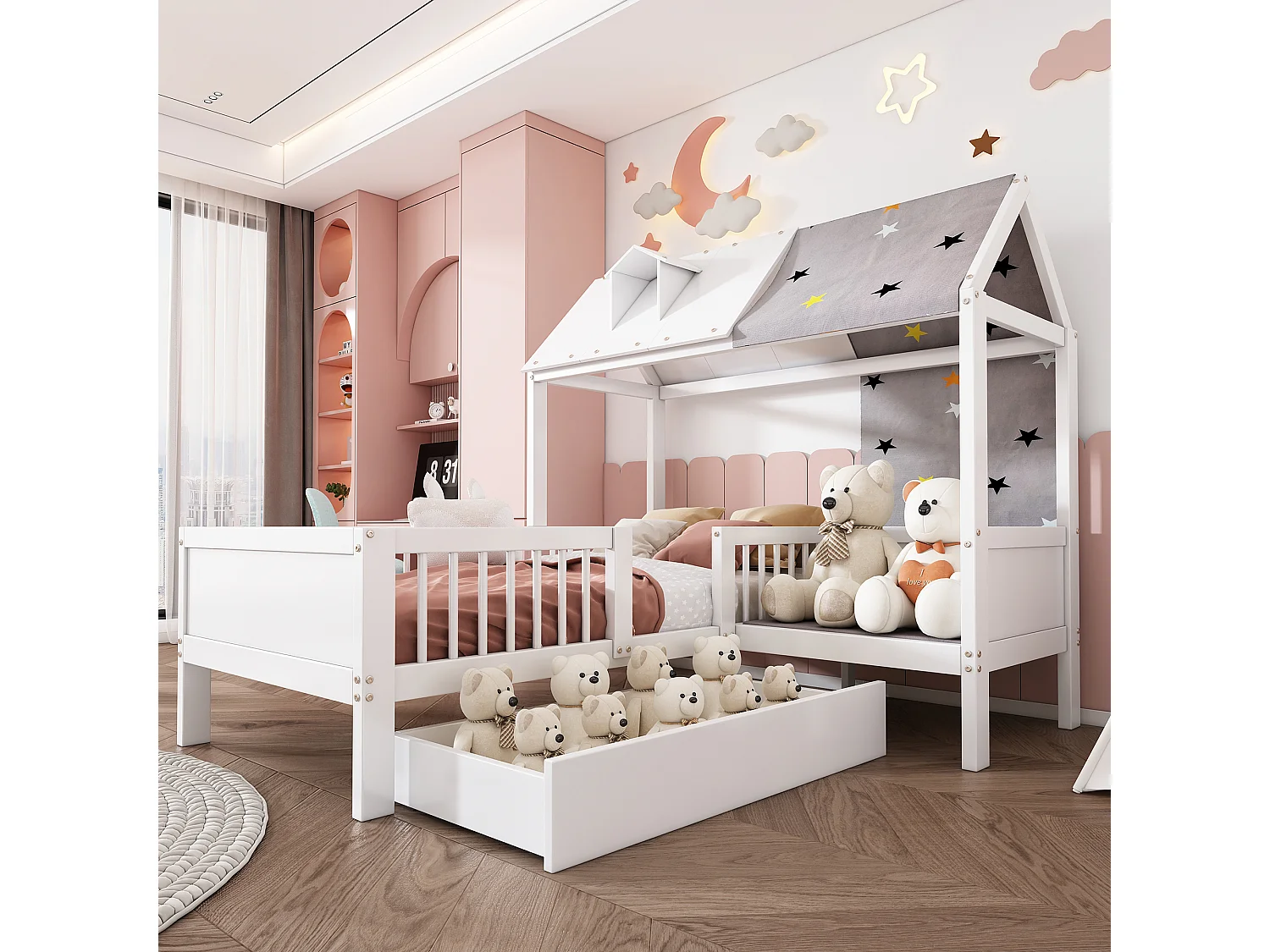 Cama infantil 90x200 cm em madeira, formato de casa, com arrumação e tecido, multifuncional branca