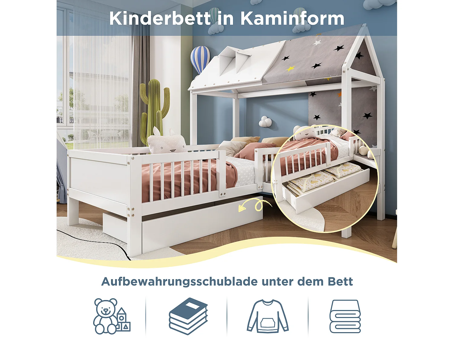 Cama infantil 90x200 cm em madeira, formato de casa, com arrumação e tecido, multifuncional branca