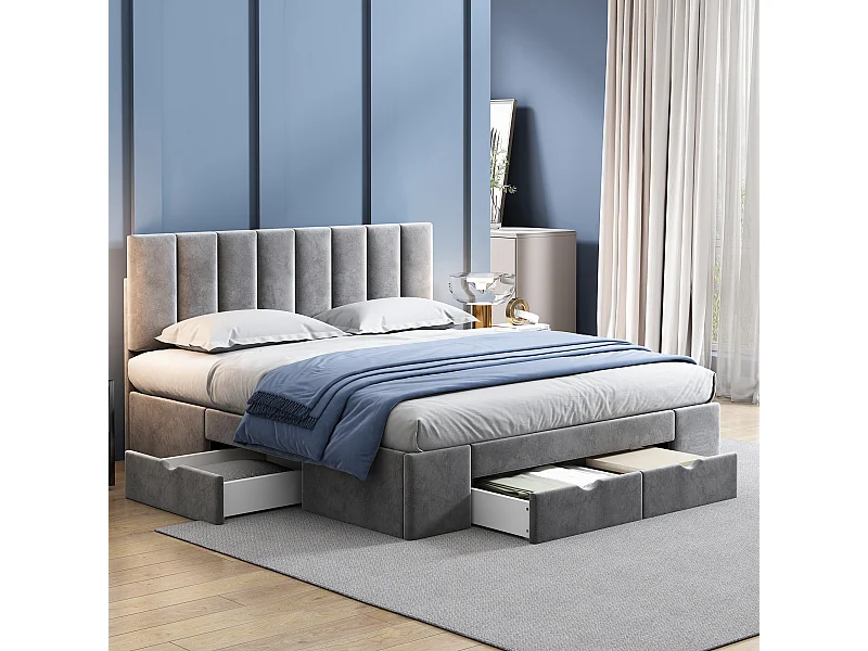 Cama de matrimonio 160x200 cm en terciopelo gris con base, cabecero y 4 cajones de almacenaje.