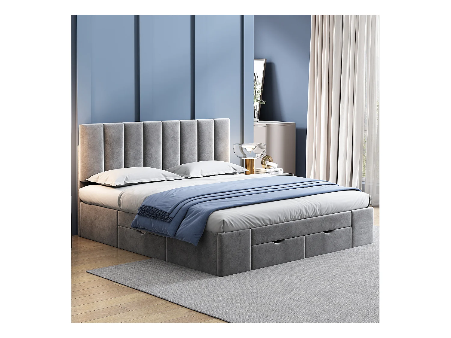 Cama de matrimonio 160x200 cm en terciopelo gris con base, cabecero y 4 cajones de almacenaje.
