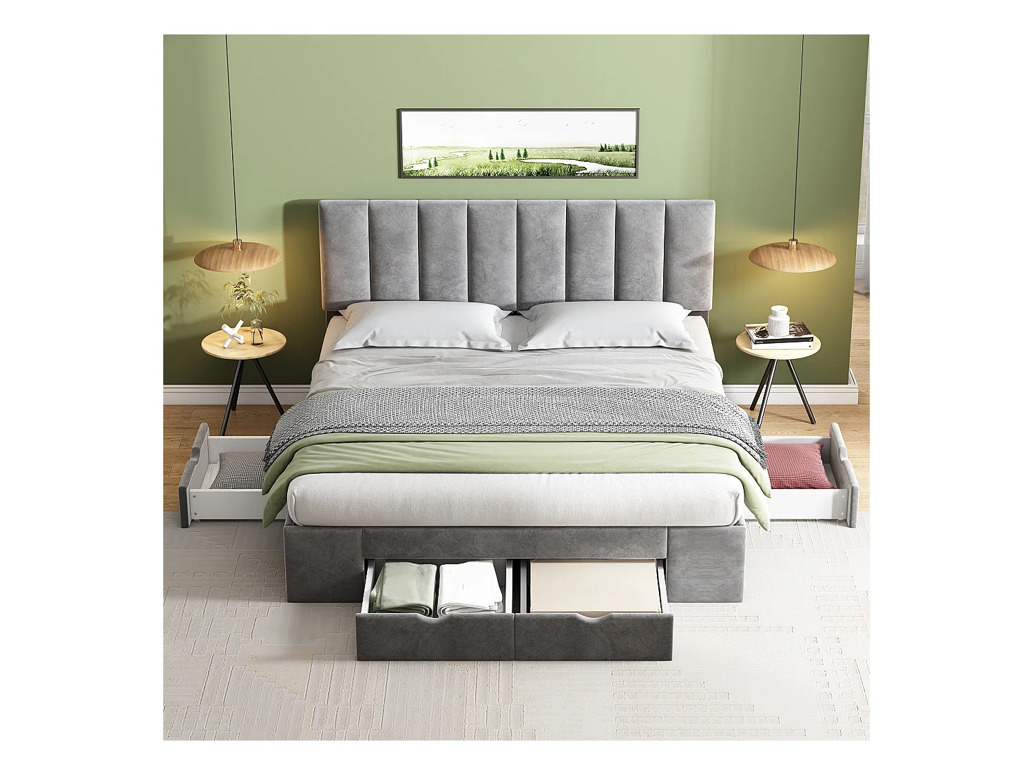 Cama de matrimonio 160x200 cm en terciopelo gris con base, cabecero y 4 cajones de almacenaje.