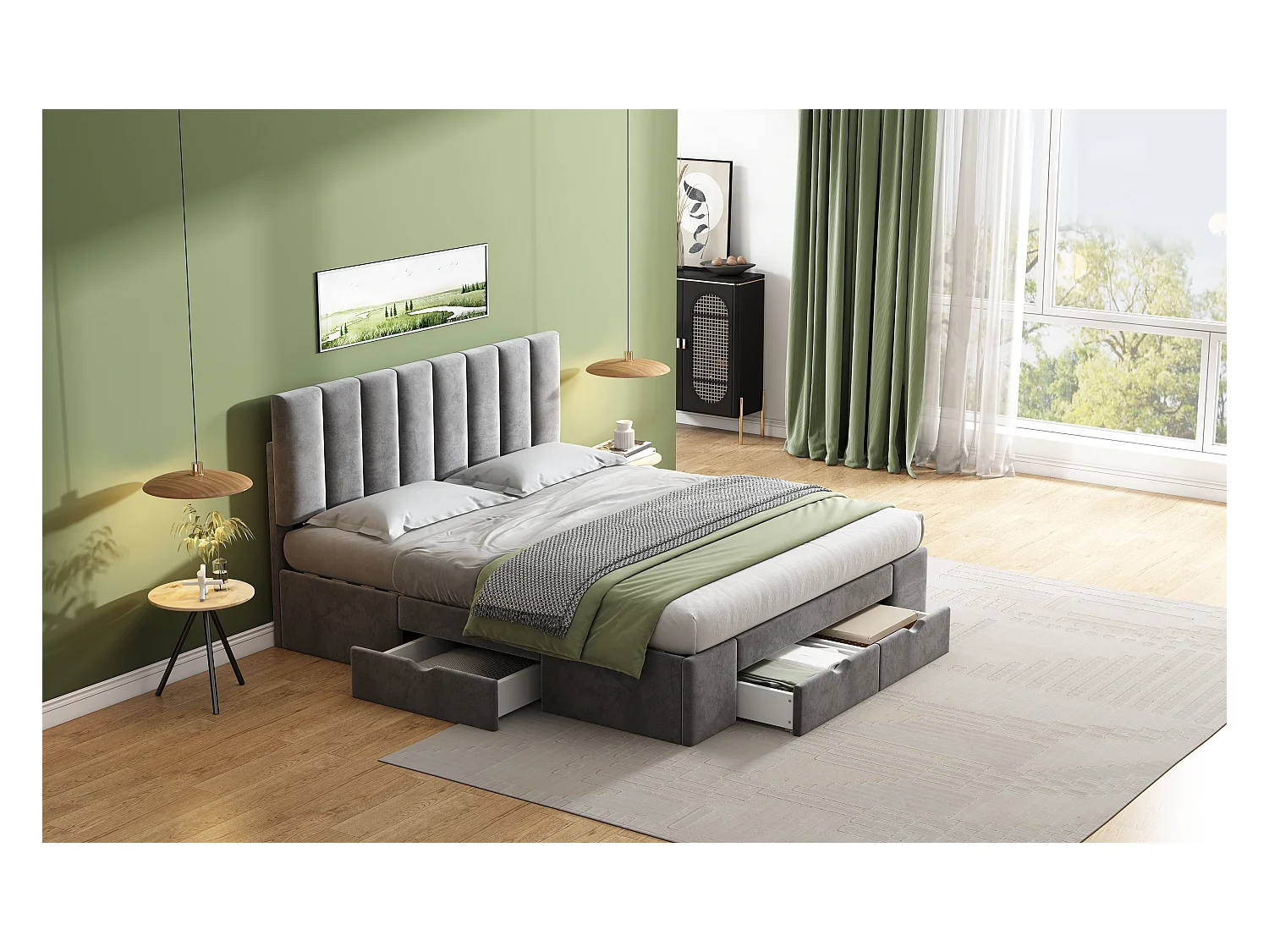 Cama de matrimonio 160x200 cm en terciopelo gris con base, cabecero y 4 cajones de almacenaje.