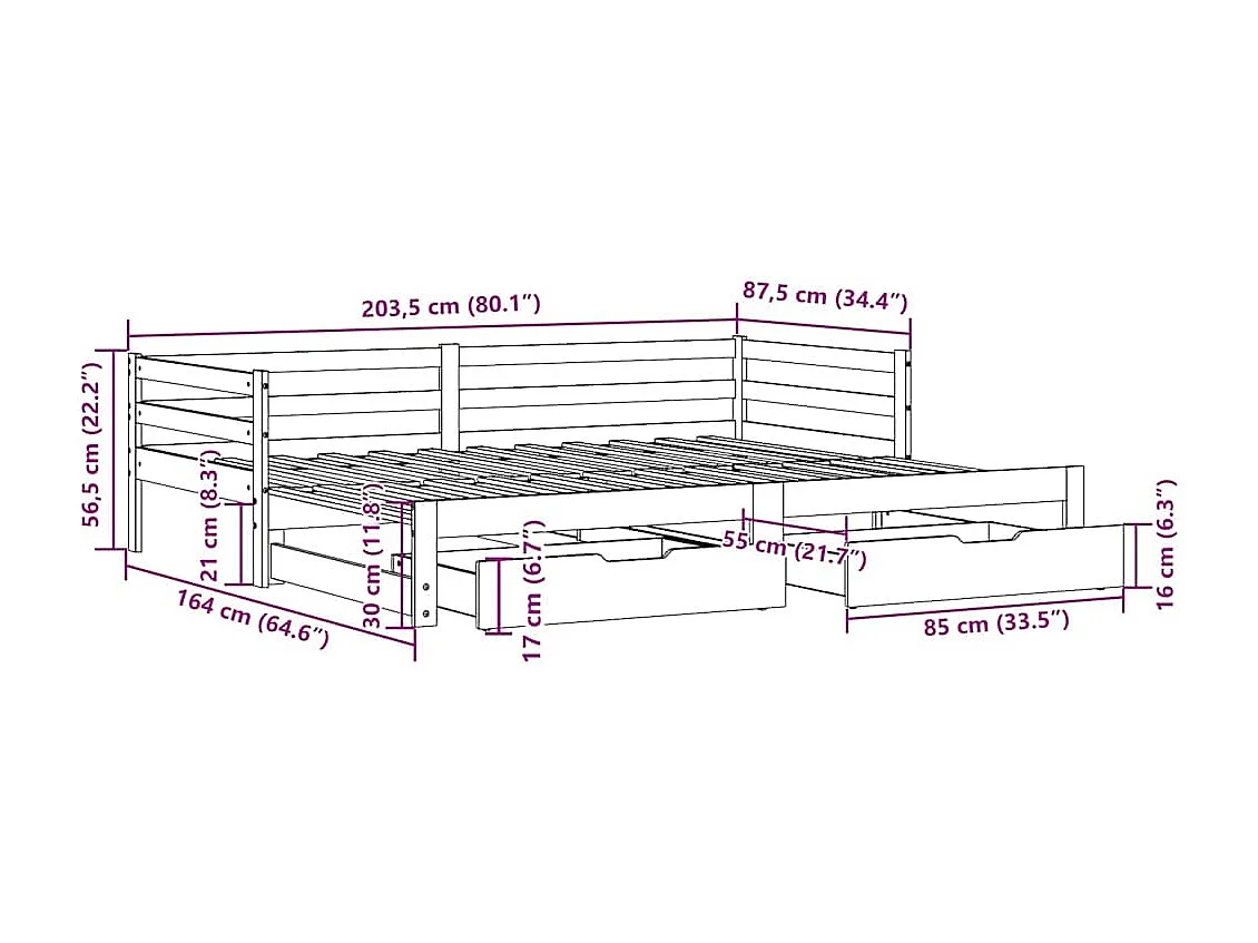 Lit de jour avec gigogne et tiroirs sans matelas blanc 80x200cm