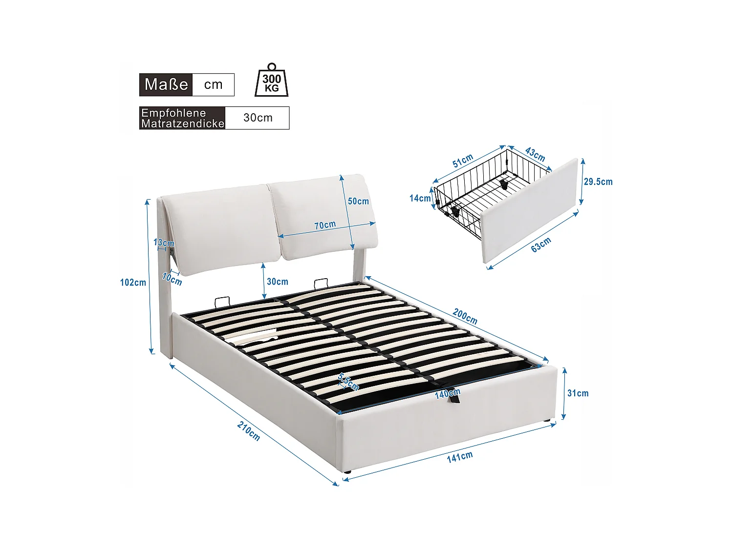 Lit double 140x200 beige en velours con coffre hydraulique, tiroirs et tête de lit