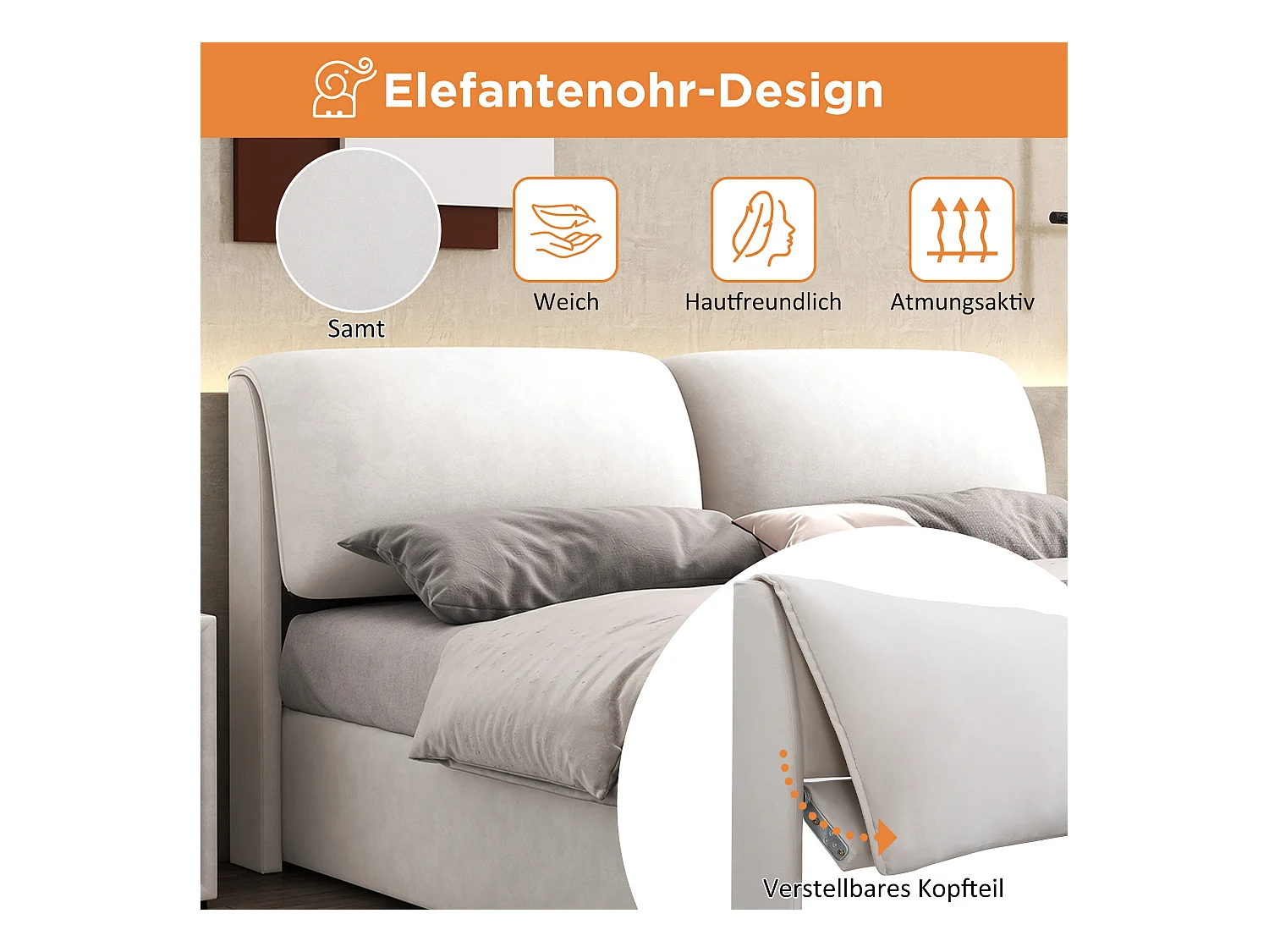 Lit double 140x200 beige en velours con coffre hydraulique, tiroirs et tête de lit