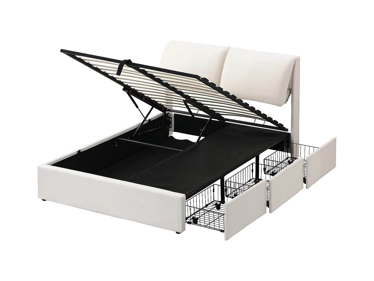 Lit double 140x200 beige en velours con coffre hydraulique, tiroirs et tête de lit