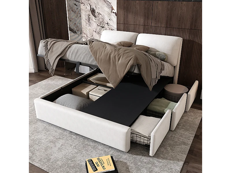 Cama de casal 140x200 veludo bege com armários hidráulicos, gavetas e cabeceira