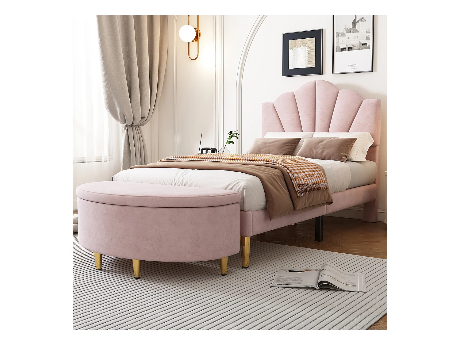 Cama de terciopelo 90x200 cm con cabecero de concha rosa con banco y práctico almacenaje