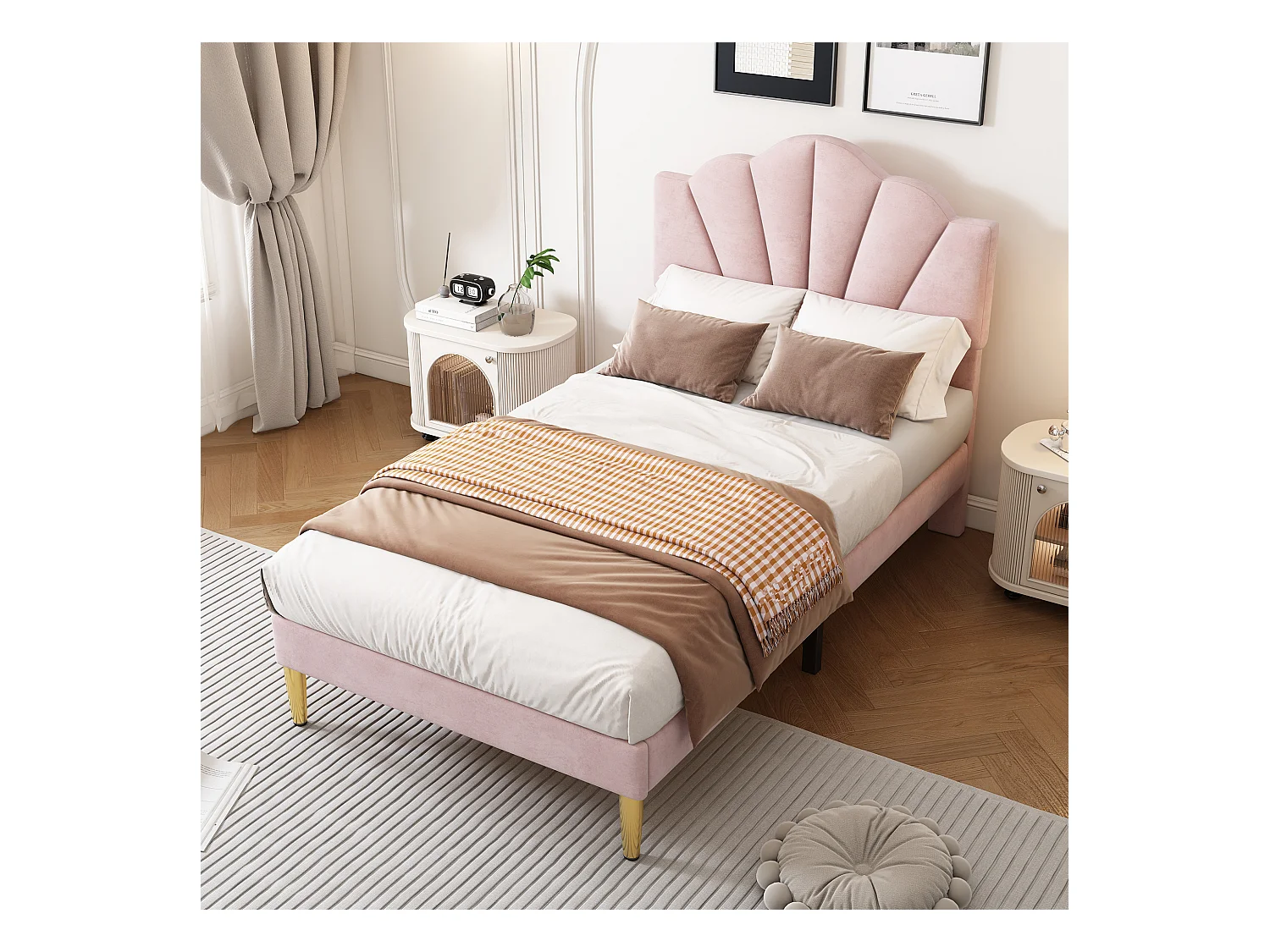 Cama de terciopelo 90x200 cm con cabecero de concha rosa con banco y práctico almacenaje