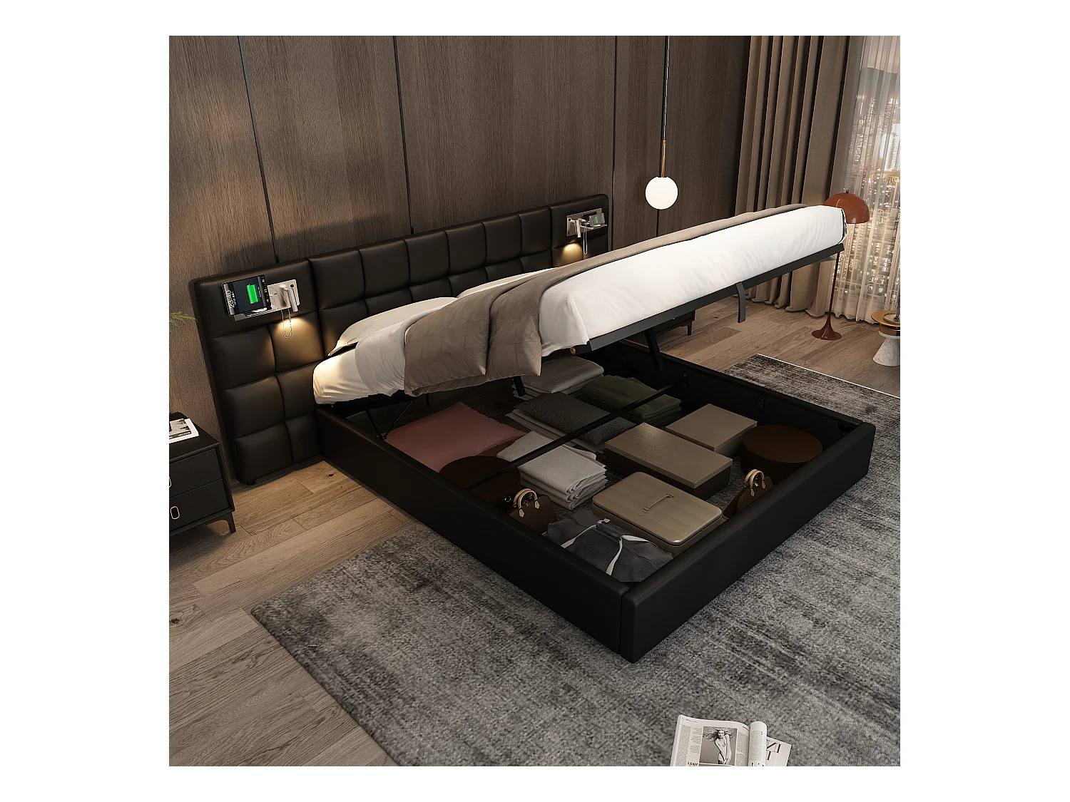 Cama adulto 180x200 cm acolchada PU con USB, carga inalámbrica, LED y almacenaje negra