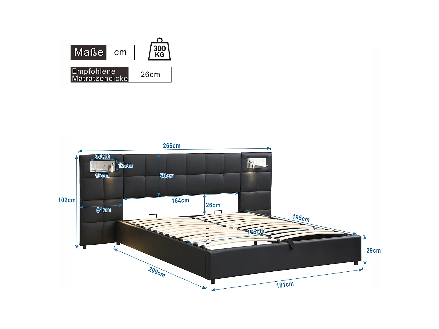 Cama adulto 180x200 cm acolchada PU con USB, carga inalámbrica, LED y almacenaje negra