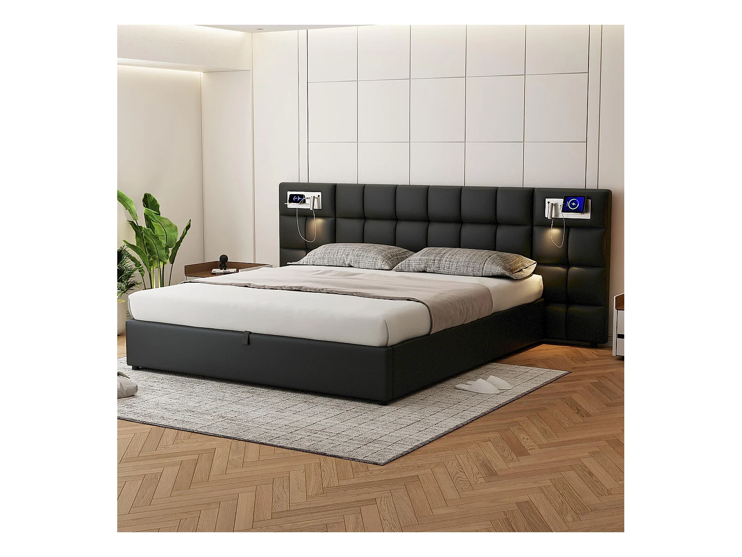 Cama adulto 180x200 cm acolchada PU con USB, carga inalámbrica, LED y almacenaje negra