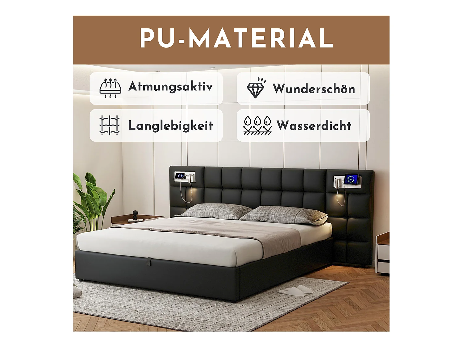 Cama adulto 180x200 cm acolchada PU con USB, carga inalámbrica, LED y almacenaje negra