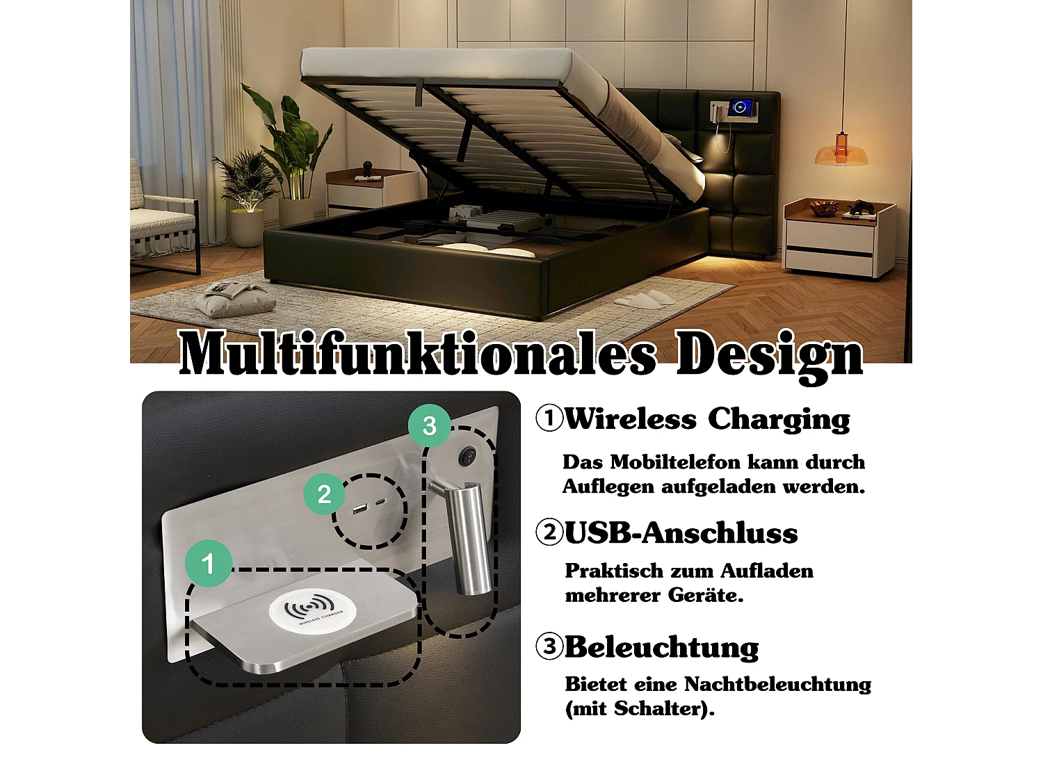 Lit adulte 180x200 cm rembourré PU con USB, carica senza filo, LED e rangement nero