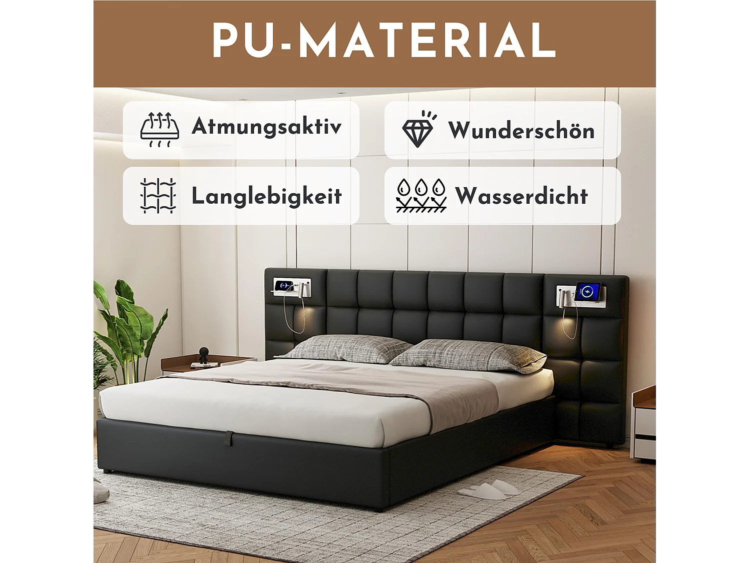 Cama adulto 180x200 cm acolchada PU con USB, carga inalámbrica, LED y almacenaje negra