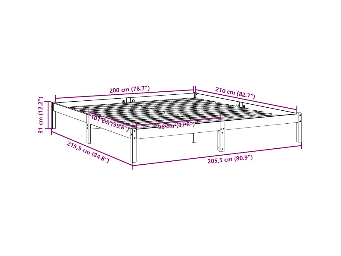 Letto Extra Lungo senza Materasso 200x210 cm in Legno di Pino