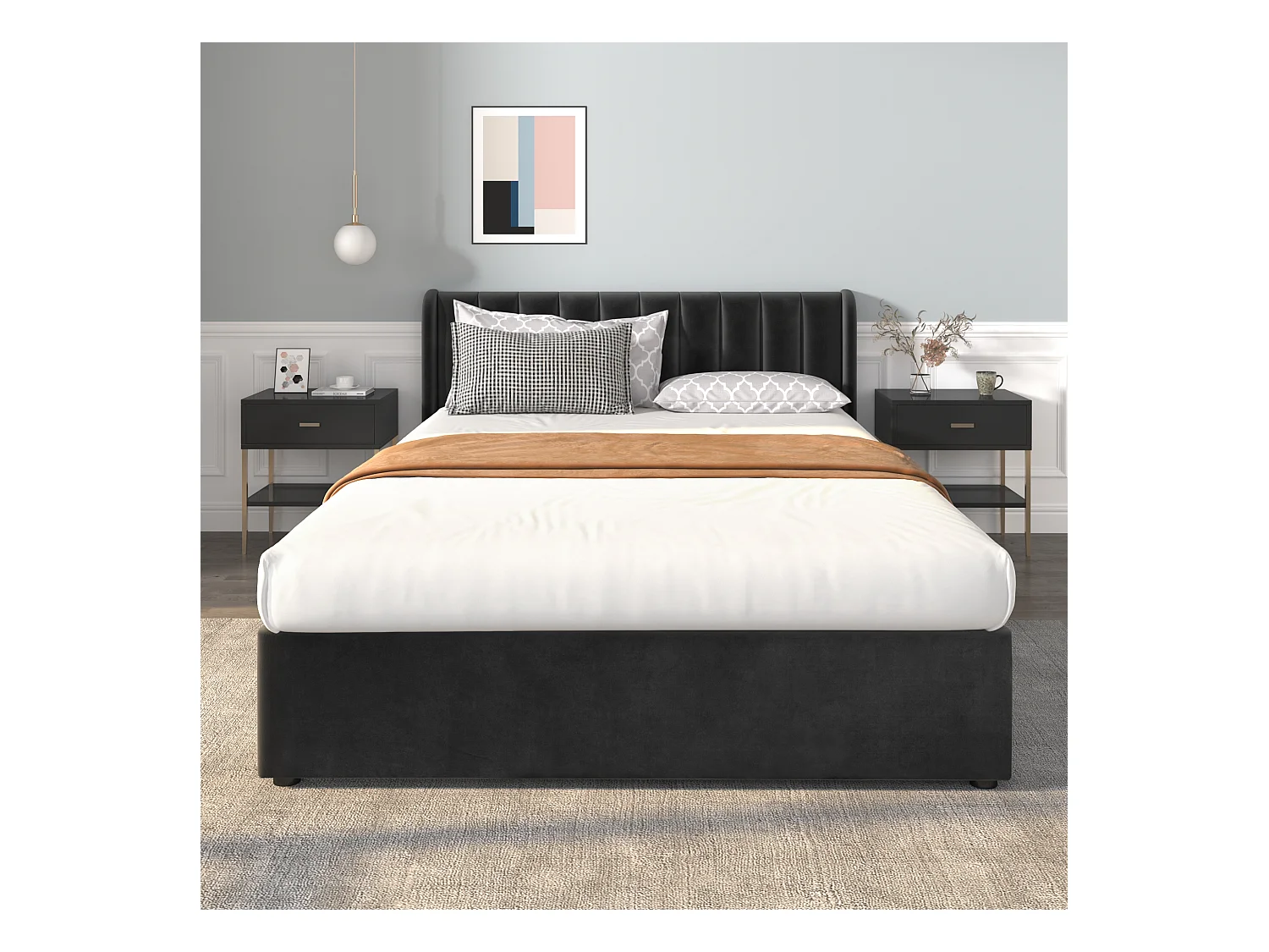 Lit double 140x200 cm in velluto nero con sommier tête de lit e 2 tiroirs de rangement