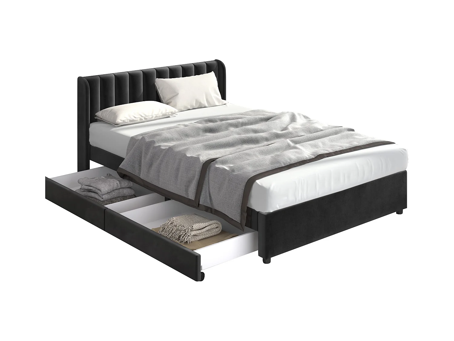 Lit double 140x200 cm in velluto nero con sommier tête de lit e 2 tiroirs de rangement