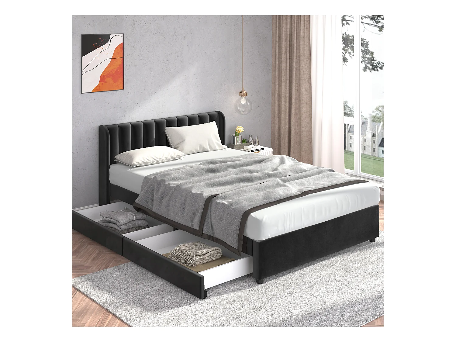 Lit double 140x200 cm in velluto nero con sommier tête de lit e 2 tiroirs de rangement