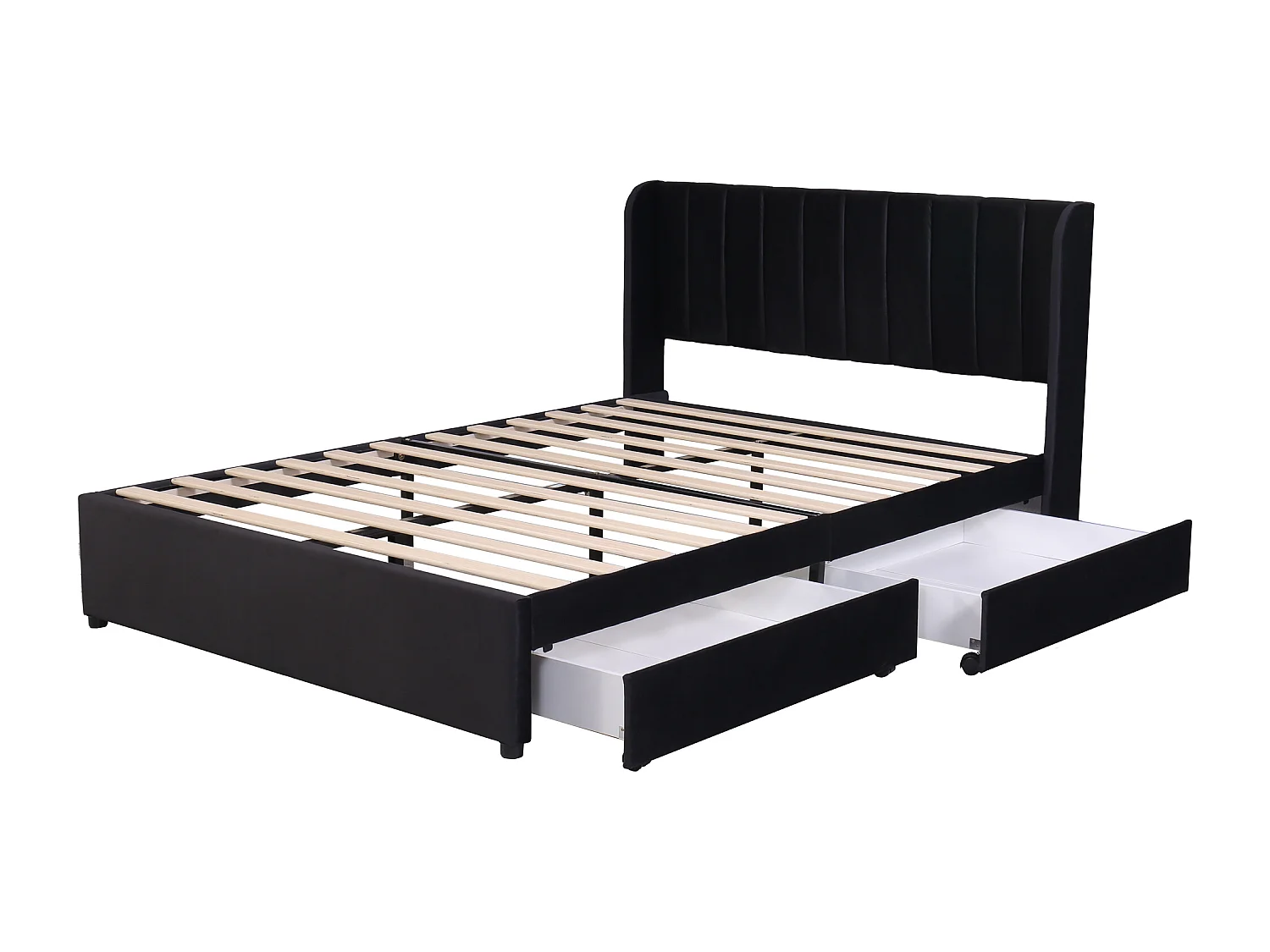 Lit double 140x200 cm in velluto nero con sommier tête de lit e 2 tiroirs de rangement