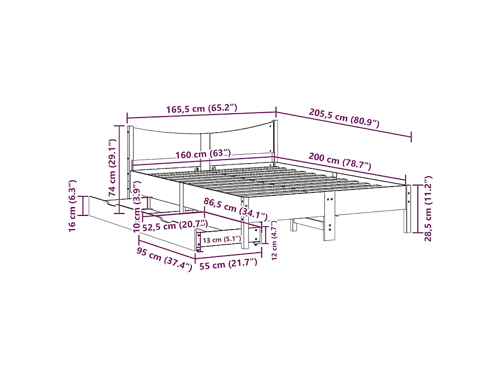Cadre de lit avec tiroirs cire marron 160x200cm bois massif pin