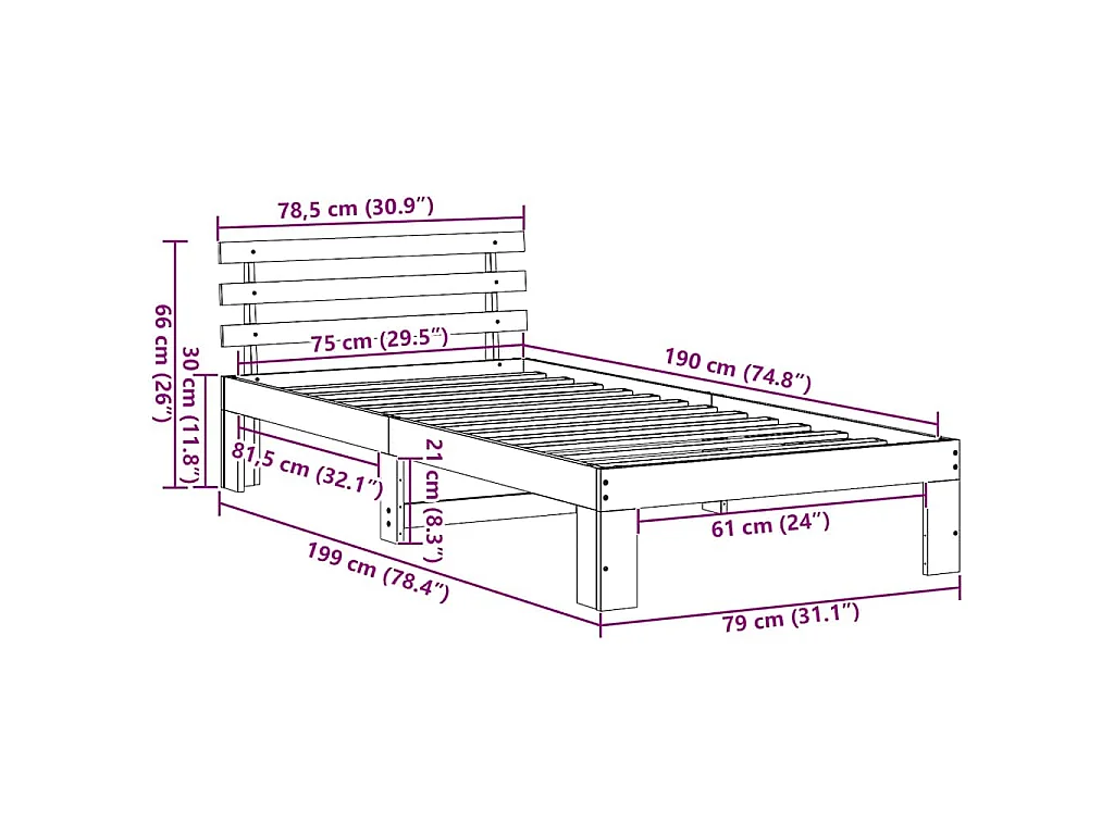 Estrutura da Cama com cabeceira Natural 75 x 190 cm